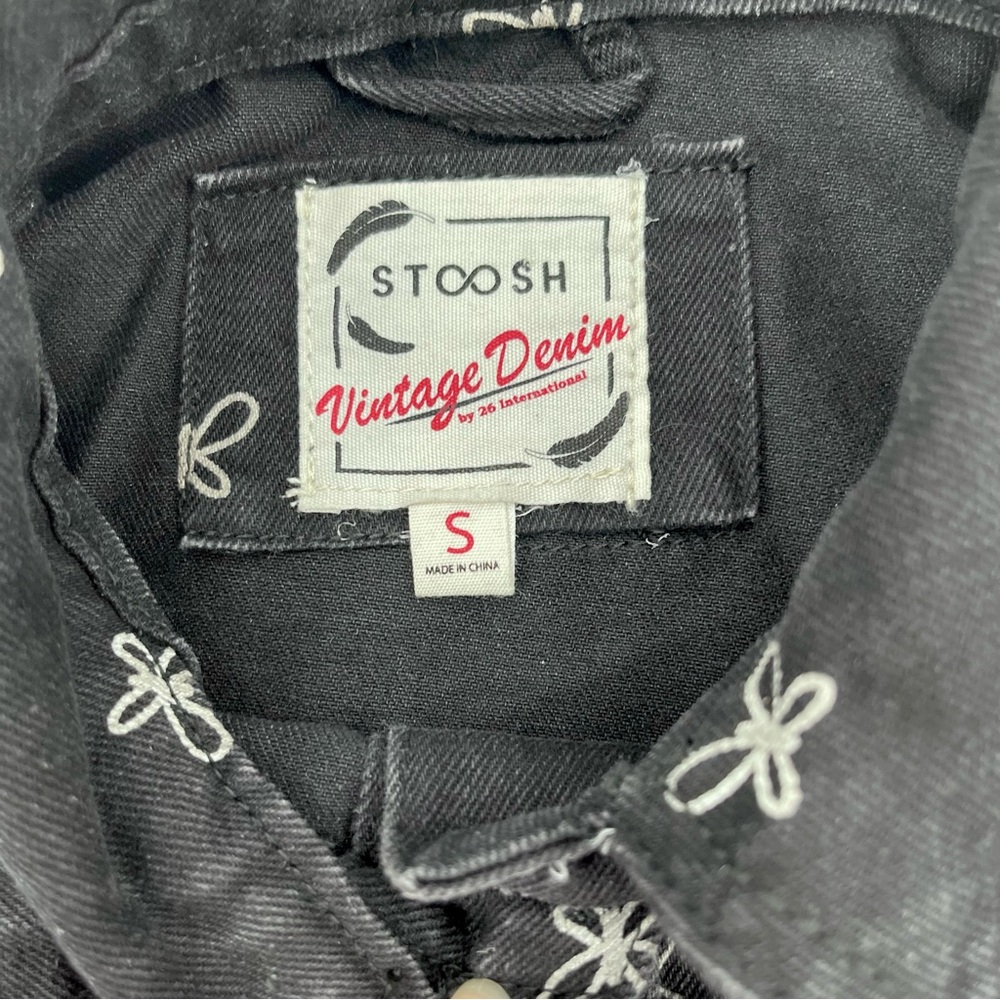 Stoosh Vintage Denim Butterfly Cropped Jean Jacket Black Size Small Button Front - Picture 9 of 11